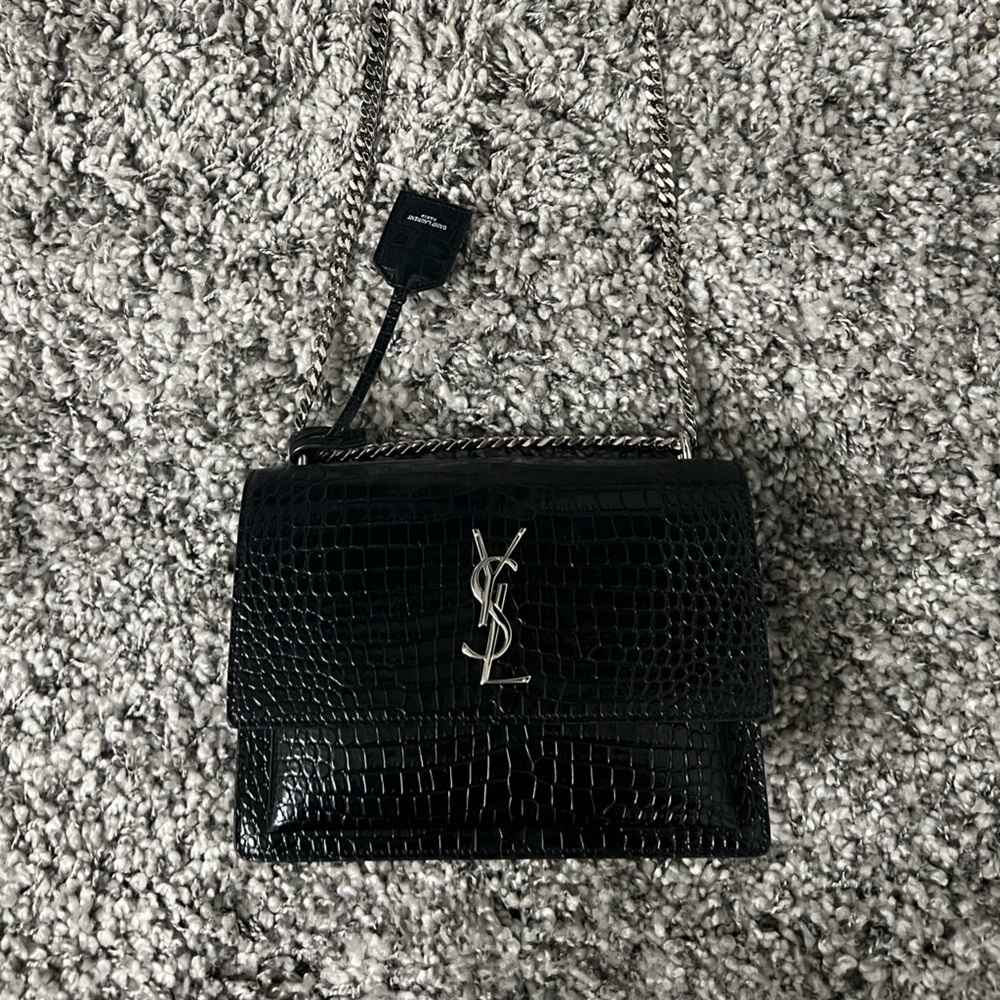 Saint Laurent Sunset Medium Crocodile-Embossed Crossbody Bag